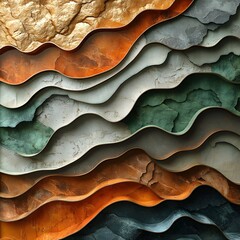 3D layers resembling slices of minerals or earth, made in natural tones: terracotta, dark green, Mocha Mousse and gold