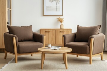 Front view of modern solid wood sofa chair with brown fabric cushions and wooden legs, featuring a small round coffee table and cabinet against a white wall in natural light.