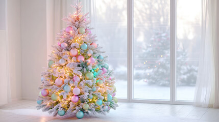 Fototapeta premium A Christmas tree with pink, blue, and green ornaments