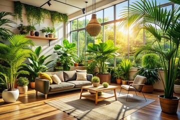 Fototapeta premium Lush Indoor Garden Modern Furniture Greenery Room Design Interior Plants Home Decor