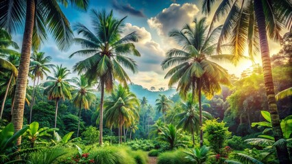Fototapeta premium Lush Jungle Landscape with Palm Trees for Interior Print Mural Design Featuring Vibrant Greenery and Tropical Vibes in a Relaxing Atmosphere with Ample Copy Space