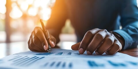 A person is reviewing and signing documents with charts and graphs on a table, likely related to work or finance. Concept Document Review Process, Financial Analysis, Work Related Tasks