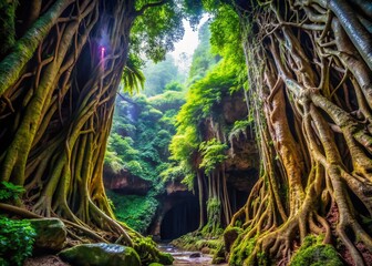 Fototapeta premium Lush Vegetation Roots at Kaumana Cave Entrance Showcasing Nature's Beauty and Intricacies with Ample Copy Space for Text Overlay or Creative Use