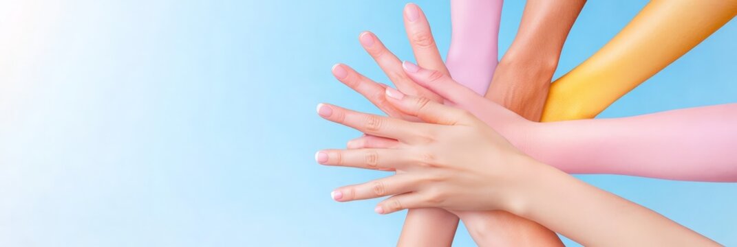 Multiple hands of different skin tones overlapping in a symbolic gesture of diversity, inclusivity, and unity, set against a soft blue background.