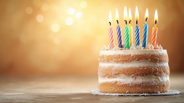 A mouth watering birthday cake topped with colorful candles sits beautifully on a soft orange background, creating an inviting and festive atmosphere