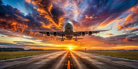 Stunning Aerial Drone Shot Commercial Airplane Landing, Airplane Photography, Aircraft, Aviation, Flight, Airport, Travel, Sky, Clouds, Sunset, Sunrise, Blue Sky, High Altitude, Bird's Eye View, 