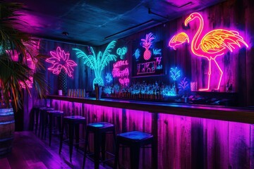 A lively tropical bar with neon lights and glowing palm leaves, creating a colorful, vibrant party atmosphere at night.