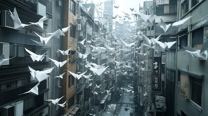 Flock of Origami Birds Soaring Over Skyscrapers in Urban Cityscape