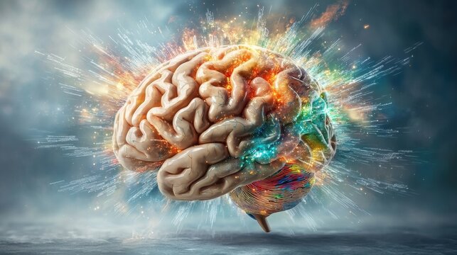 The concept art depicts a human brain bursting open with vibrant colors and light, symbolizing a surge of knowledge and creativity exploding outwards in all directions