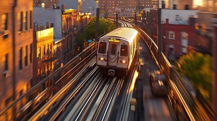 Fototapeta premium Speeding Train Traveling Through Illuminated City at Night