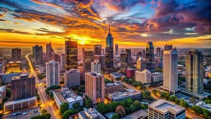 Stunning Aerial View of Cityscape Featuring Iconic Skyscraper at Sunset with Vibrant Sky, Illuminated Streets, and Dynamic Urban Landscape for Captivating Visuals