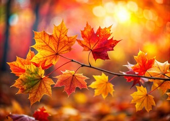 Obraz premium Stunning Autumn Maple Leaves, High Depth of Field, Colorful Fall Foliage, Vibrant Red Orange Yellow Leaves