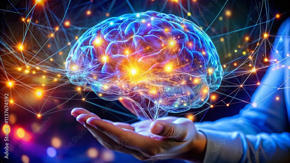 Poster macro ai brain network: hand holding floating neural network, artificial intelligence, machine learn
