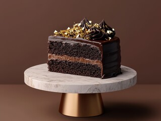A decadent chocolate cake slice topped with gold flakes on a marble cake stand.