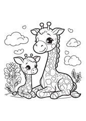 Coloring page design giraffe with baby happy