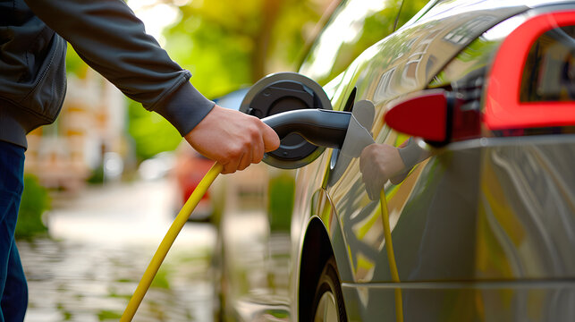 Electric Car Charging Station. Close-up of Hand Inserting Power Connector or Plug. Concept for Eco Branding, Automotive Blogs, Ads, E-commerce, Social Media, Green Energy Campaigns, Presentations - Powered by Adobe