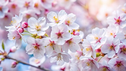 Fototapeta premium Macro Cherry Blossom Wallpaper: Japanese Spring Beauty, White Background, AI Art