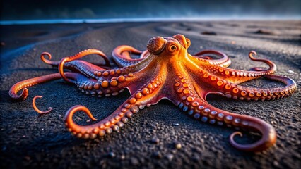 Stunning Common Octopus on Black Sand in Osezaki, Shizuoka, Japan - A Unique Marine Life Scene with Ample Copy Space for Text and Graphics