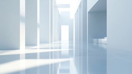 Obraz premium White minimalist corridor with sunlit columns, polished floor.