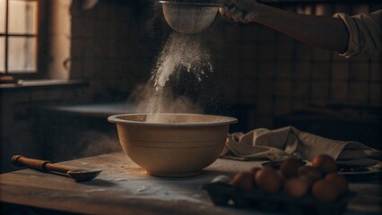 Flour being sifted into a mixing bowl in a rustic kitchen during the morning light