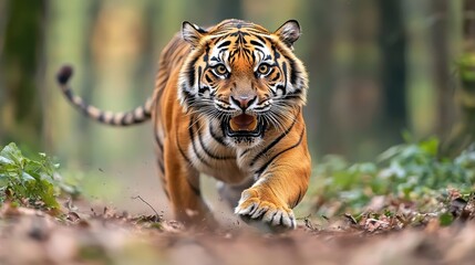 Fototapeta premium The fierce tiger, with its powerful muscles rippling beneath its fur, snarls menacingly as it sprints through the dense jungle undergrowth