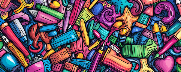 Obraz premium Artist supply color illustration. Visual arts doodles. Painting and drawing art background. Color book cover. Graffiti handdrawn poster. Colorful vector cartoon banner with hand drawn doodle elements.