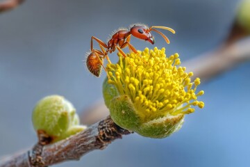 Intimate Worm's Eye View of Ant's tiny Feet Carrying Crumbs on Moss-Covered Stone with Delicate Focal Blur. Beautiful simple AI generated image