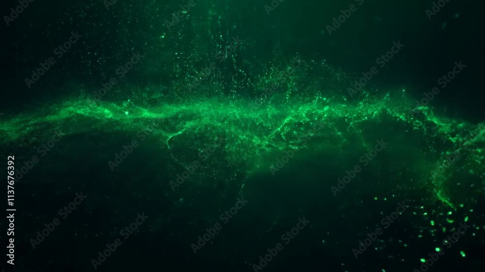 Poster visual display of glowing green particles swirling in dark space creating a mesmerizing abstract eff