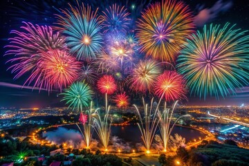Stunning Drone Fireworks Photography: Night Sky, Celebration, Explosions, Aerial View, 4K Resolution