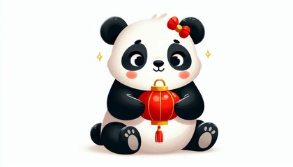 Obraz premium Cute panda with red bow holding Chinese lantern. Adorable watercolor illustration for Lunar New Year celebration and holiday design on white background