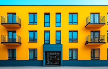 Modern Yellow Building With Balconies And Blue Accents