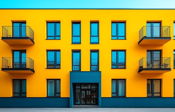 Modern Yellow Building With Balconies And Blue Accents - Powered by Adobe
