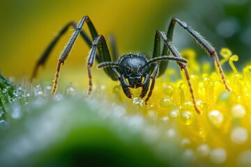 Fototapeta premium A close-up shot of a red ant feeding on sweet honeydew secreted by aphids on a green leaf's curvature.. Beautiful simple AI generated image