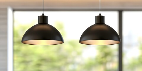 Obraz premium Two modern pendant lights hanging from the ceiling with a soft glow, set against a blurred outdoor background. Concept Modern Pendant Lights, Soft Glow Ambiance, Blurred Outdoor Backdrop