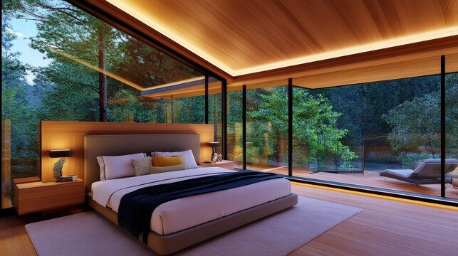 Fototapeta Modern Minimalist Bedroom Design with Nature View and Wood Accents