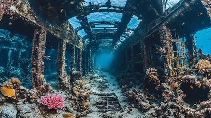 Obraz premium Enchanting Underwater Shipwreck Teeming with Marine Life and Vibrant Corals