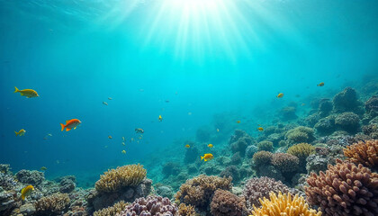 Naklejka premium A panoramic view of a vibrant coral reef with colorful fish swimming among the corals, crystal-clear turquoise water