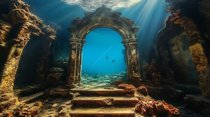 Mysterious Underwater Archway with Sunlight Rays in the Serene Ocean Depths