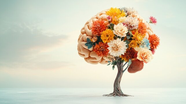 The human brain tree blooms with vibrant, colorful flowers, representing the importance of self care and mental health in nurturing a positive mindset and fostering creativity.