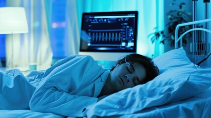 Scientist in lab coat analyzing brainwave patterns on computer monitor while observing sleeping patient with EEG electrodes attached to head in medical setting.