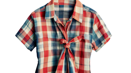 Colorful plaid shirt on a transparent background showcasing a stylish tie-front design perfect for casual summer outings.