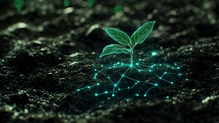 Green Seedling Growing in Dark Soil with Glowing Network Illuminating Roots and Environment