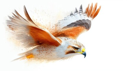 Fototapeta premium The illustration of a majestic hawk, with its sharp yellow beak, piercing eyes, and outstretched wings, is captured in exquisite detail against a crisp white background