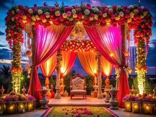 Fototapeta premium Stunning Indian Wedding Night Decor: Mandap, Lighting, Flowers, Photography
