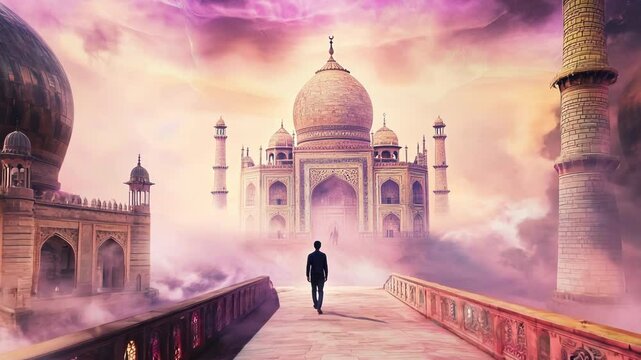 Muslim spiritual background symbolic featuring a male silhouette walking towards a majestic mosque symbolizing transition between the physical and spiritual realms. Islamic religious motion graphics.