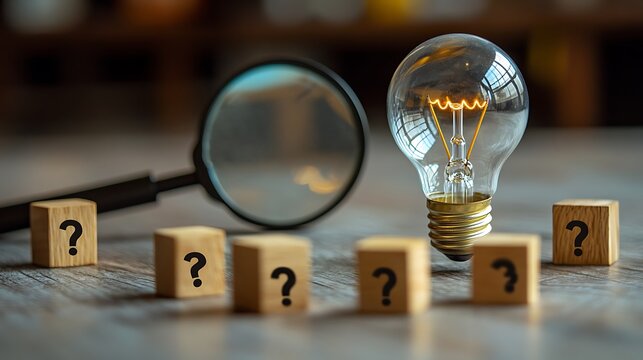 Light bulb icon under a magnifying glass and wood blocks
