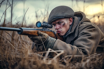 Fototapeta premium World War II-era sniper in vintage uniform, aiming a classic rifle in a historical battlefield setting.