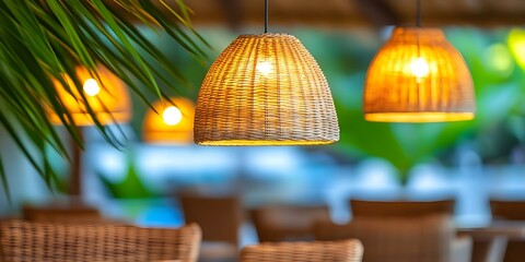 Obraz premium Woven pendant lights hang from a ceiling, casting a warm glow in a tropical ambiance with blurred greenery in the background. Concept Woven Pendant Lights, Warm Ambient Glow, Tropical Decor