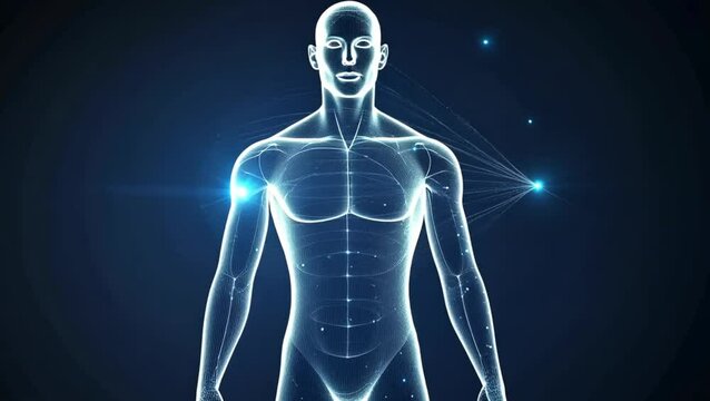 A digital rendering of a male human body.  Glowing blue particles form the body's shape against a dark background.