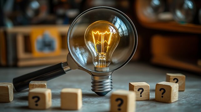 Light bulb icon under a magnifying glass and wood blocks